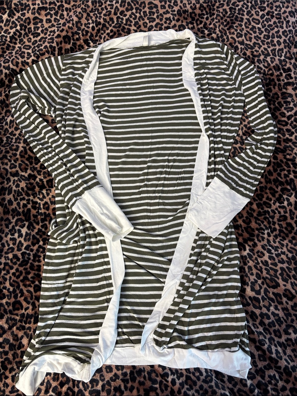 Magic Fit Olive Green & White Striped Open Cardigan